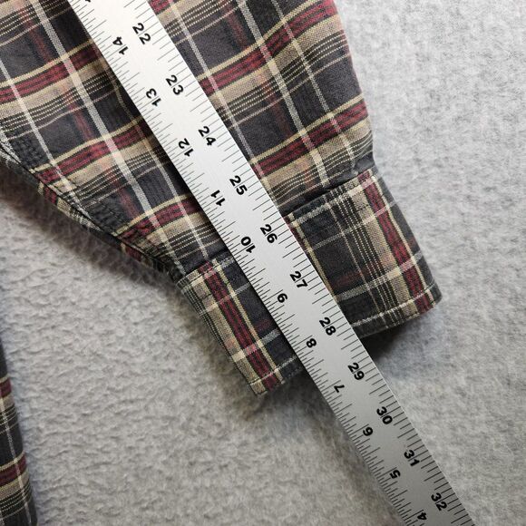 Woolrich Shirt Mens Large Brown Graphite Plaid Forarm Patches Locker Loop Brawny - Picture 14 of 16